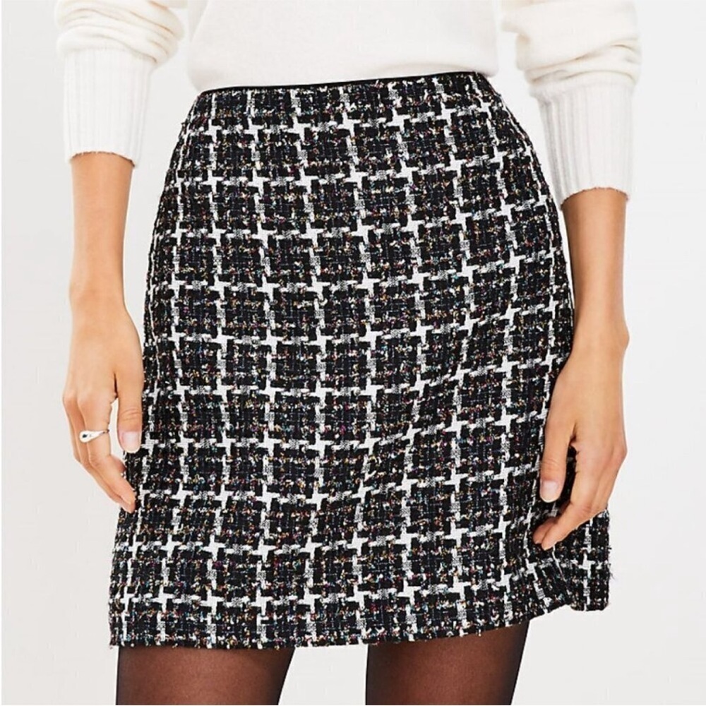 NWT LOFT Petite Shimmer Tweed Mini Skirt Black White Multicolor Beads Sz 10P